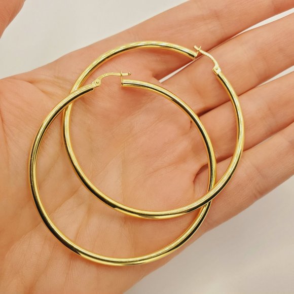 10K Yellow Gold Hoop Earrings 65mm, Circle Earrings for Women - Picture 1 of 7